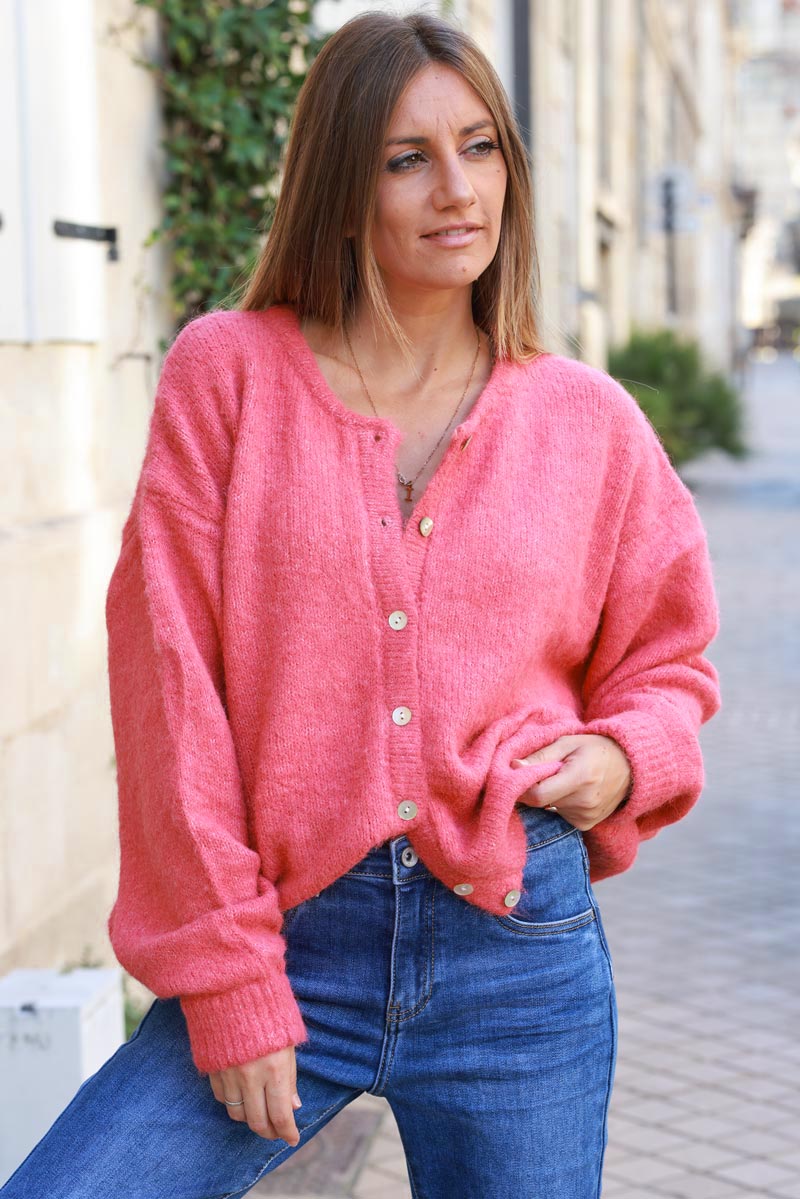 Super soft round neck cardigan raspberry with mother of pearl buttons