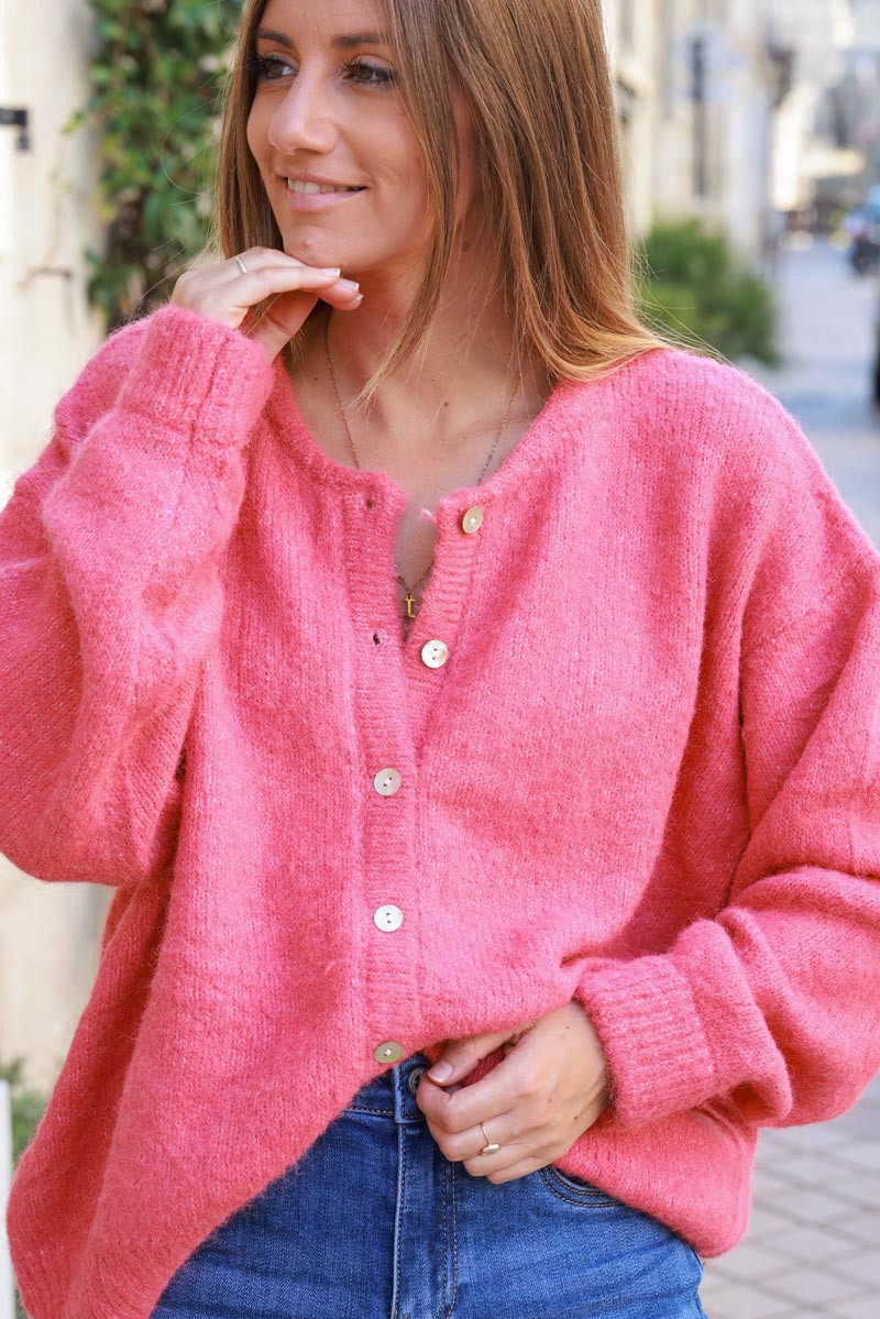 Super soft round neck cardigan raspberry with mother of pearl buttons