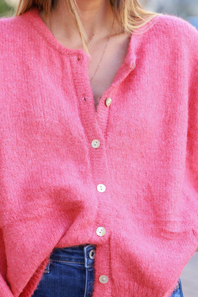 Super soft round neck cardigan raspberry with mother of pearl buttons