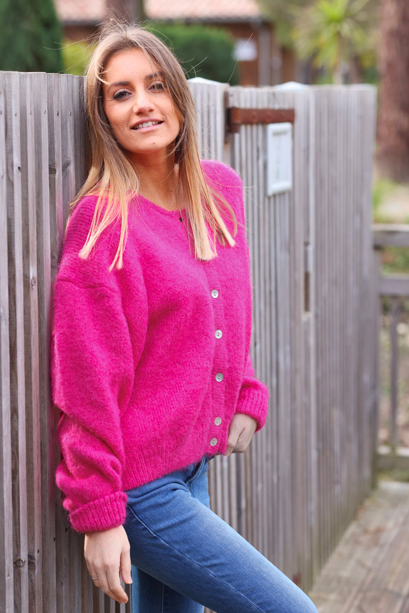 Super soft round neck cardigan fuchsia with mother of pearl buttons