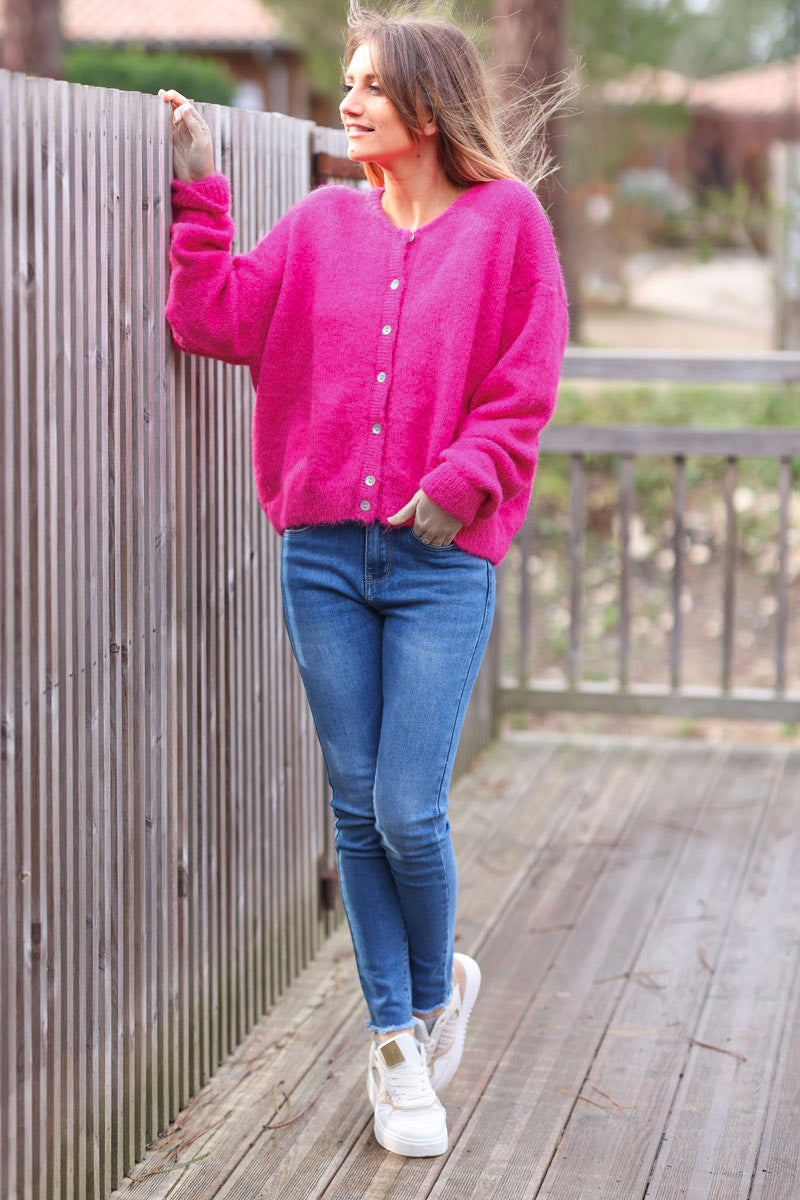 Super soft round neck cardigan fuchsia with mother of pearl buttons