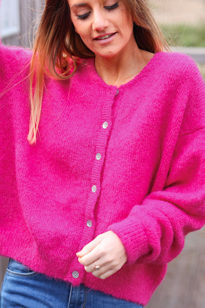 Super soft round neck cardigan fuchsia with mother of pearl buttons