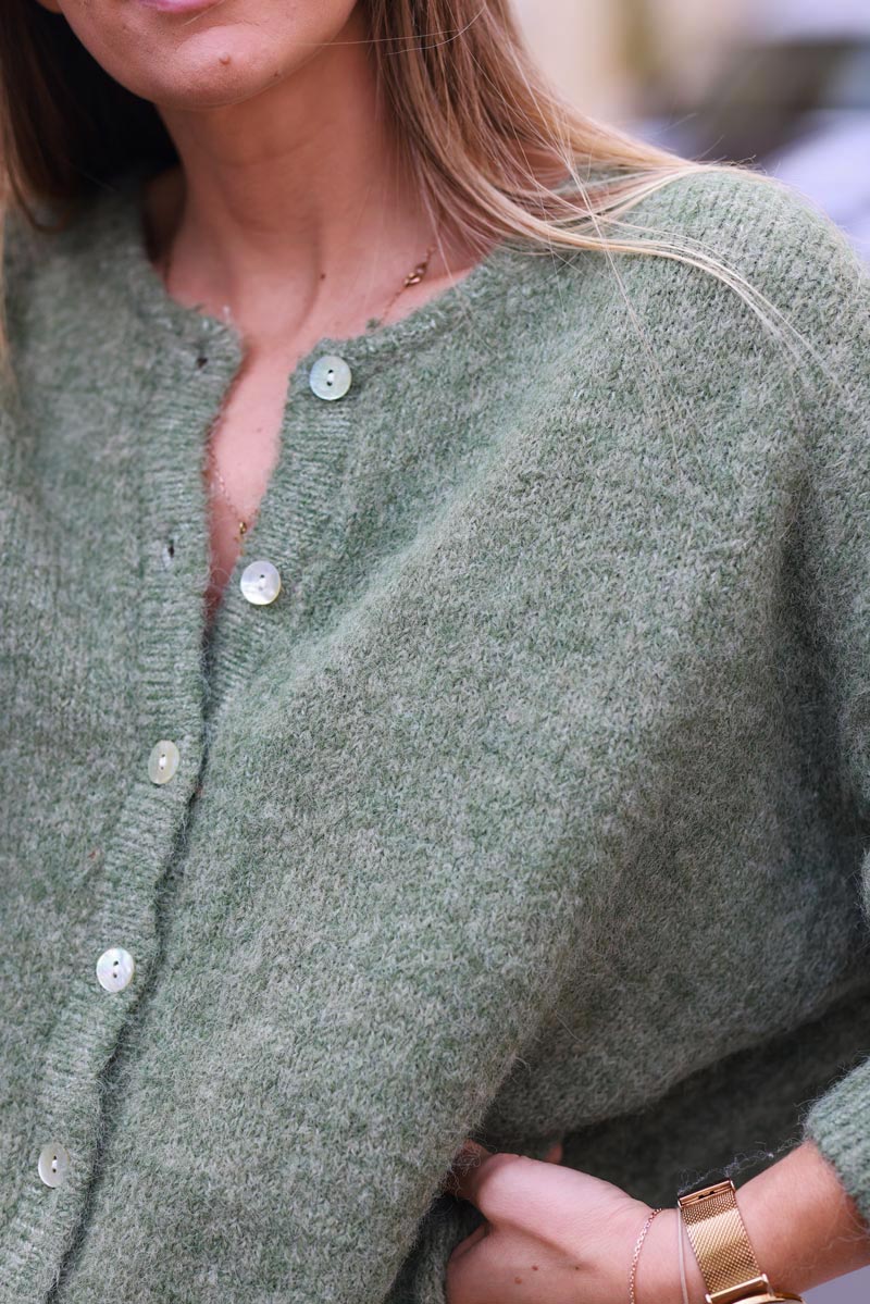 Super soft round neck cardigan khaki with mother of pearl buttons