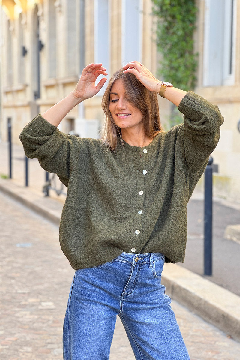 Super soft Round Neck Cardigan Dark Olive with mother of Pearl buttons