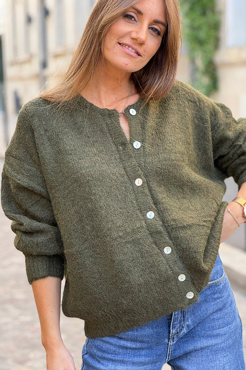 Super soft Round Neck Cardigan Dark Olive with mother of Pearl buttons