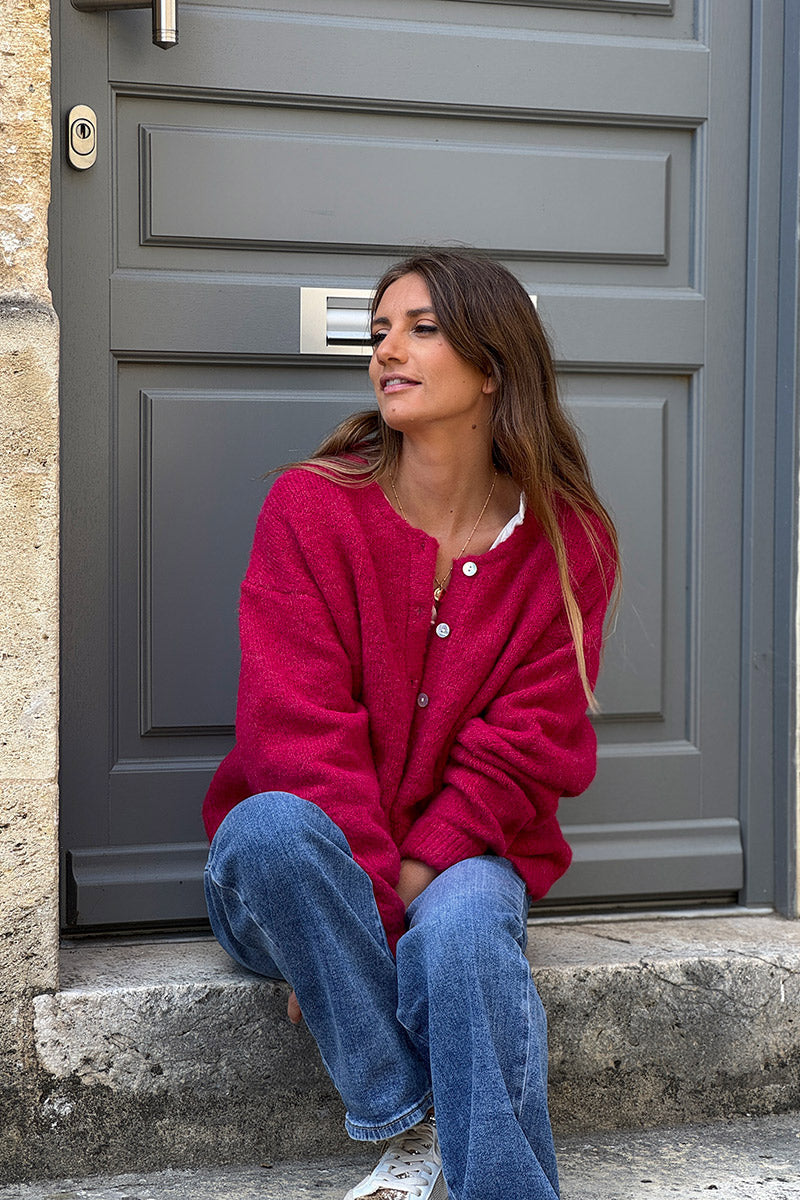 Gilet douillet lie de vin chiné en maille col rond boutons nacrés