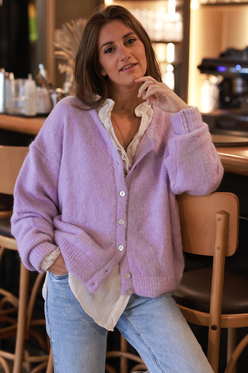 Super Soft Round Neck Cardigan Lilac with Mother of Pearl Buttons