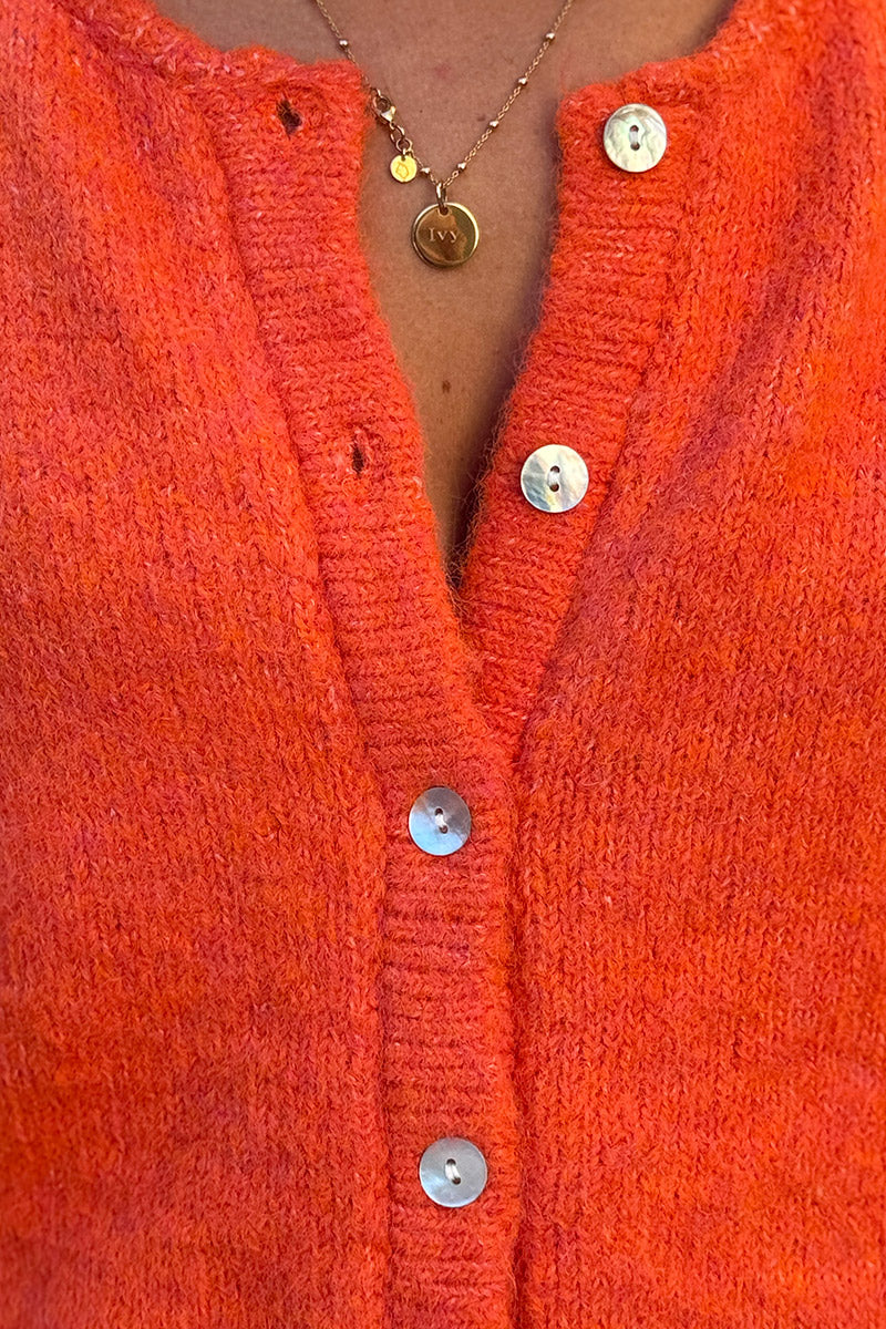 Super soft Round Neck Cardigan Heather orange with mother of Pearl buttons