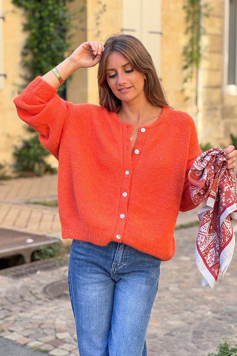 Super soft Round Neck Cardigan Heather orange with mother of Pearl buttons