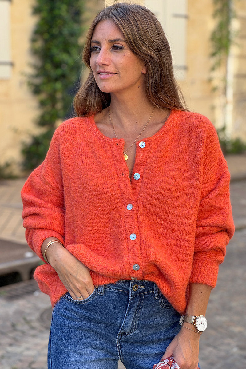 Super soft Round Neck Cardigan Heather orange with mother of Pearl buttons