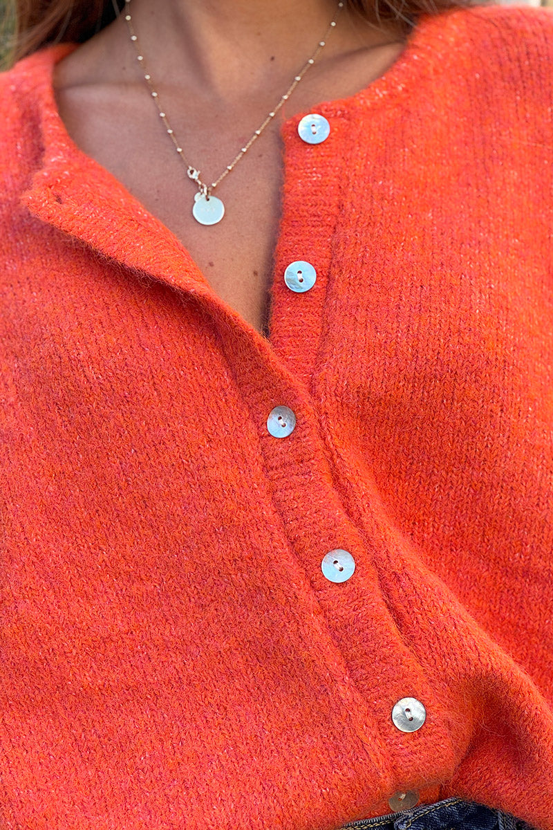 Super soft Round Neck Cardigan Heather orange with mother of Pearl buttons