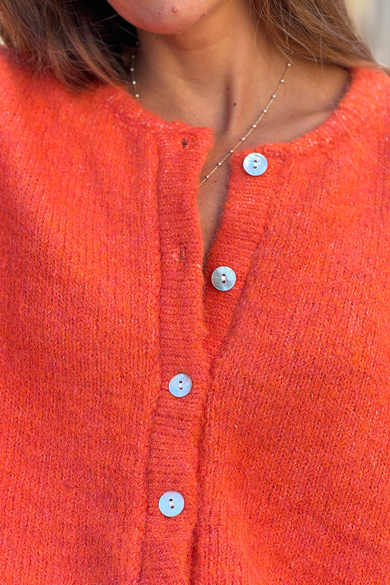 Super soft Round Neck Cardigan Heather orange with mother of Pearl buttons