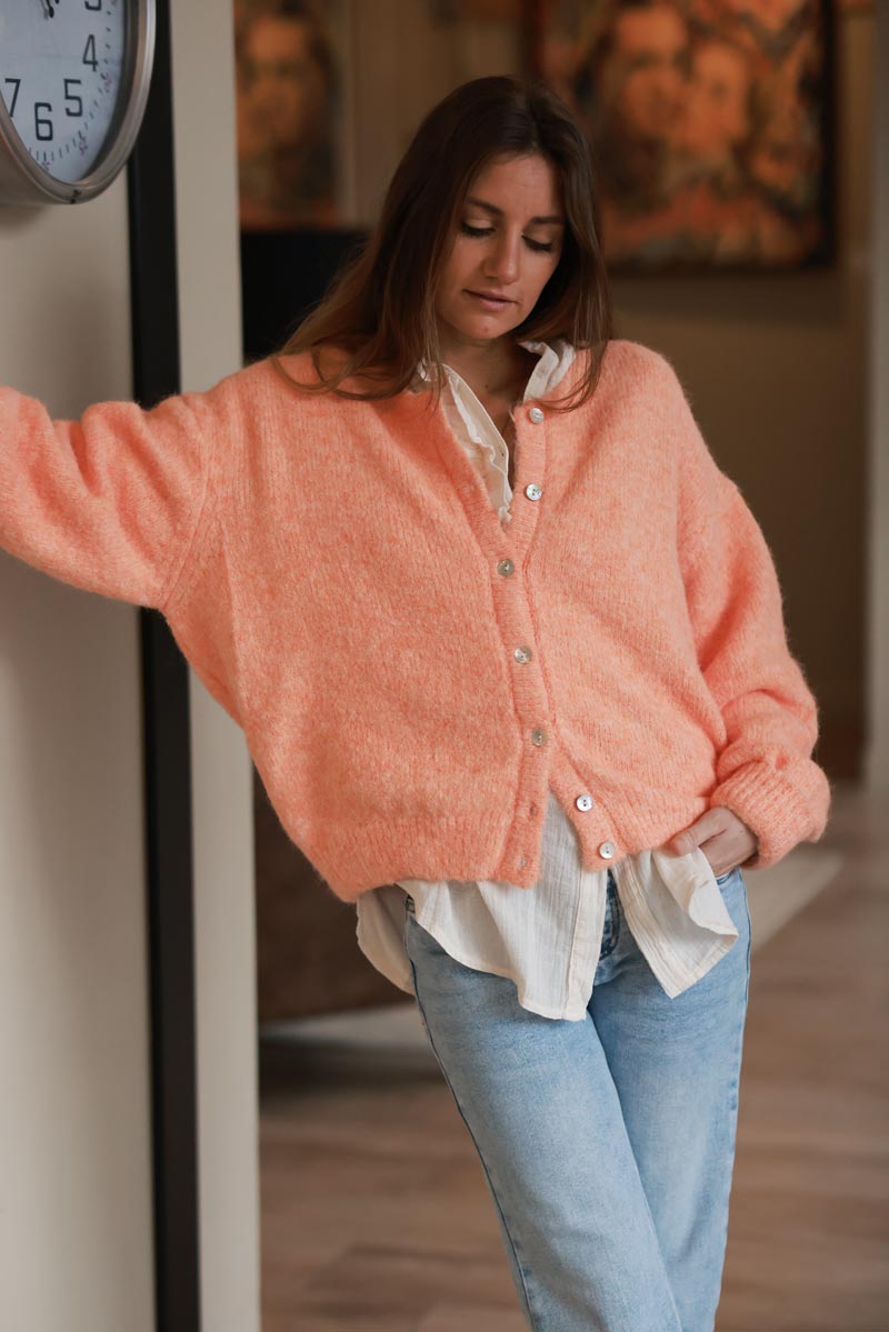 Super Soft Round Neck Cardigan Orange with Mother of Pearl Buttons