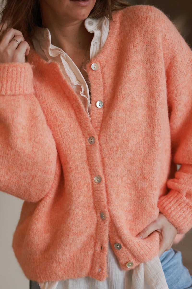 Super Soft Round Neck Cardigan Orange with Mother of Pearl Buttons