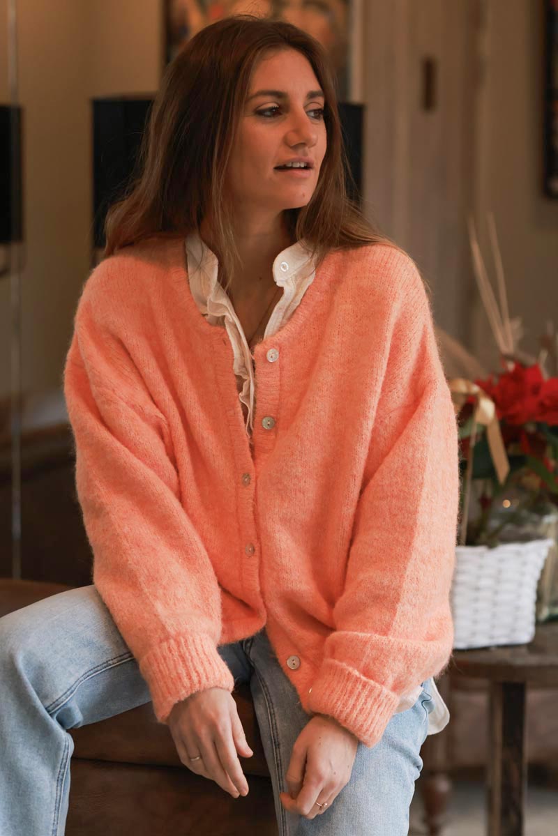 Super Soft Round Neck Cardigan Orange with Mother of Pearl Buttons