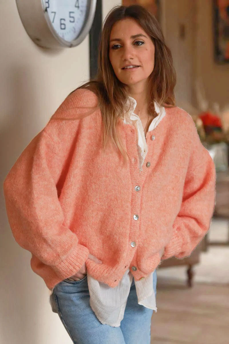 Super Soft Round Neck Cardigan Orange with Mother of Pearl Buttons