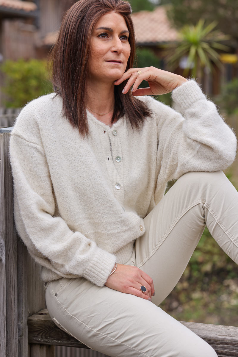 Super soft round neck cardigan ecru with mother of pearl buttons