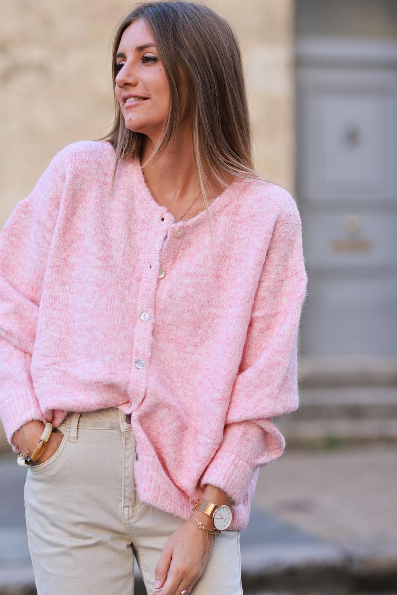 Super soft round neck cardigan soft pink with mother of pearl buttons