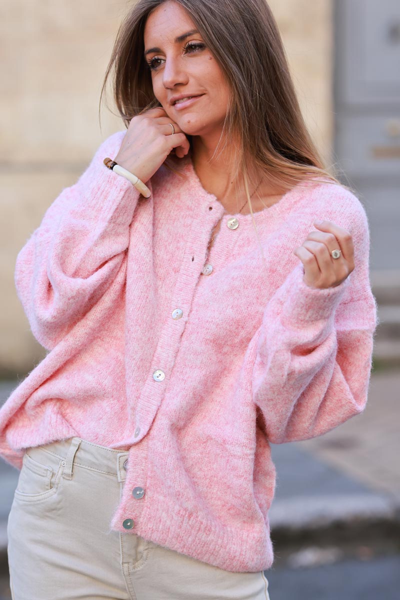 Super soft round neck cardigan soft pink with mother of pearl buttons