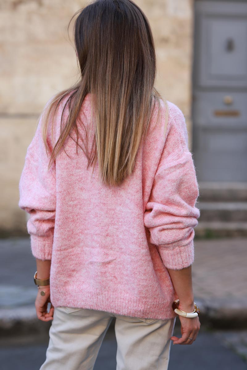 Super soft round neck cardigan soft pink with mother of pearl buttons