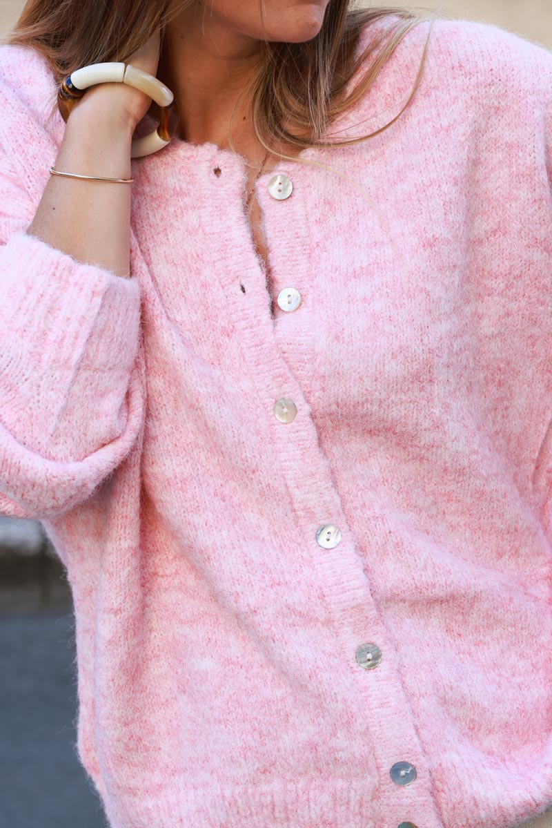 Super soft round neck cardigan soft pink with mother of pearl buttons