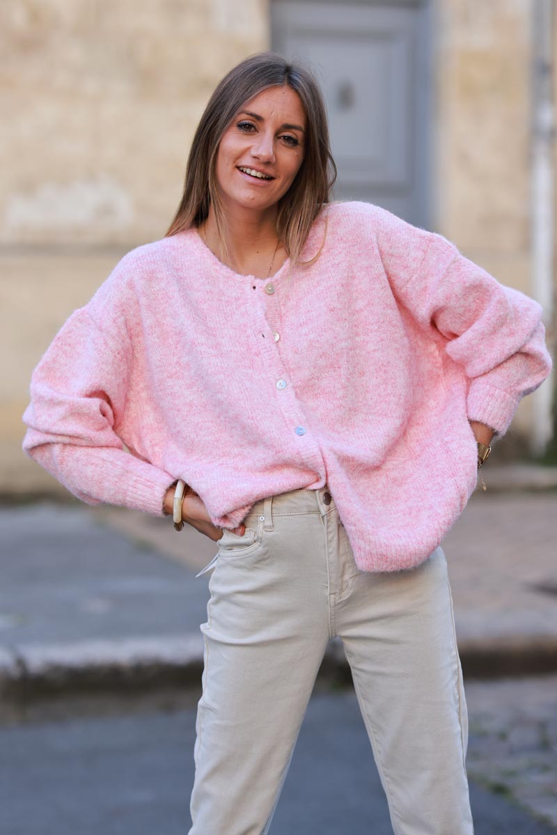 Super soft round neck cardigan soft pink with mother of pearl buttons