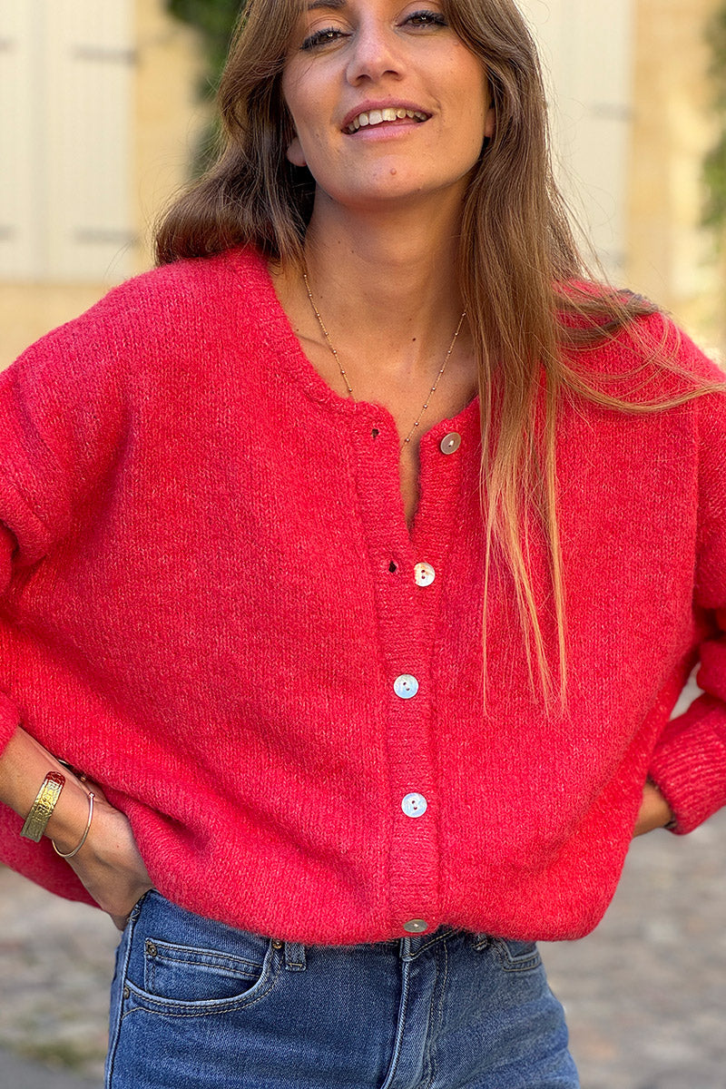 Super soft Round Neck Cardigan Rust with mother of Pearl buttons