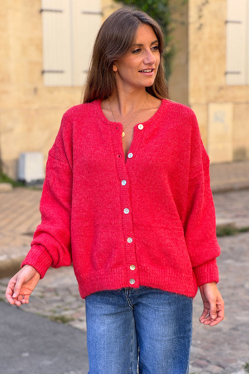 Super soft Round Neck Cardigan Rust with mother of Pearl buttons