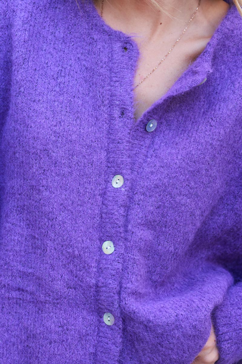 Super soft round neck cardigan purple with mother of pearl buttons