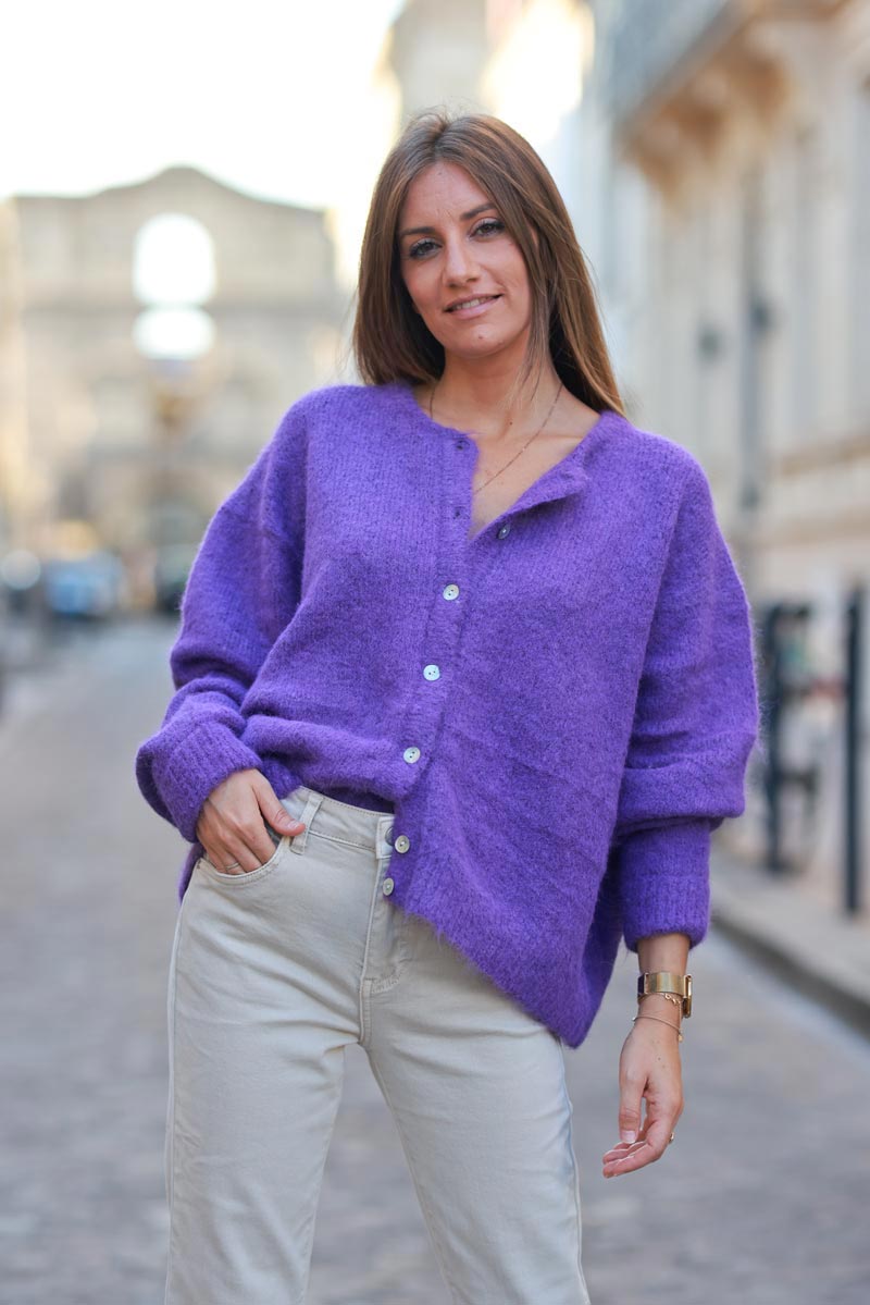 Super Soft round neck Cardigan Purple with mother of pearl Buttons Horizons Lointains