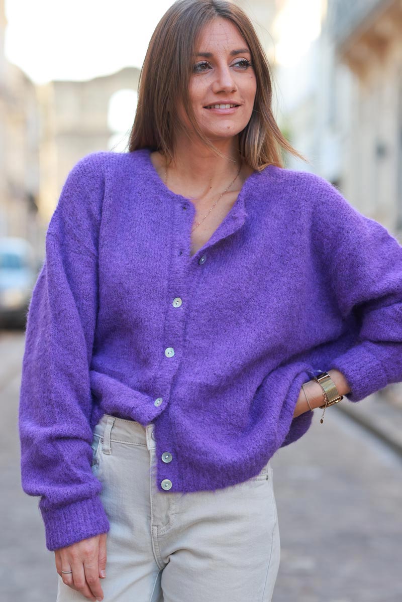 Super soft round neck cardigan purple with mother of pearl buttons