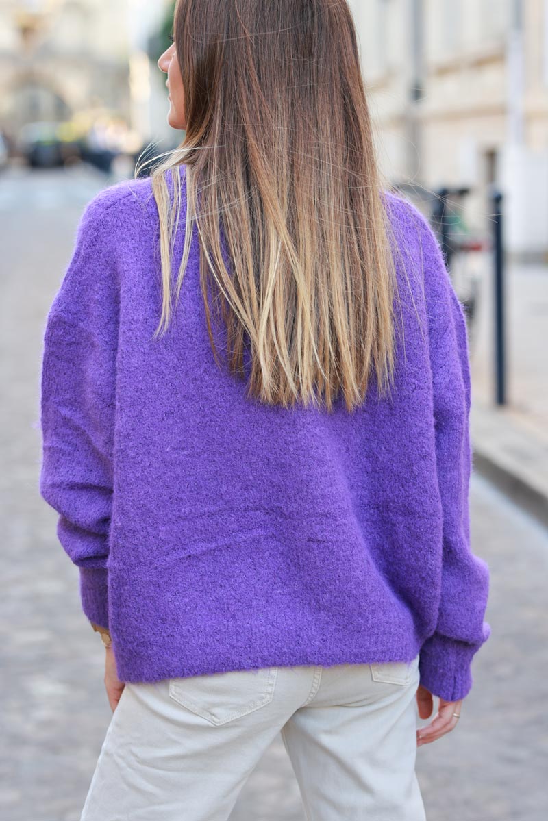 Super soft round neck cardigan purple with mother of pearl buttons