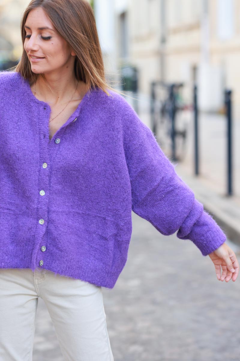 Super soft round neck cardigan purple with mother of pearl buttons