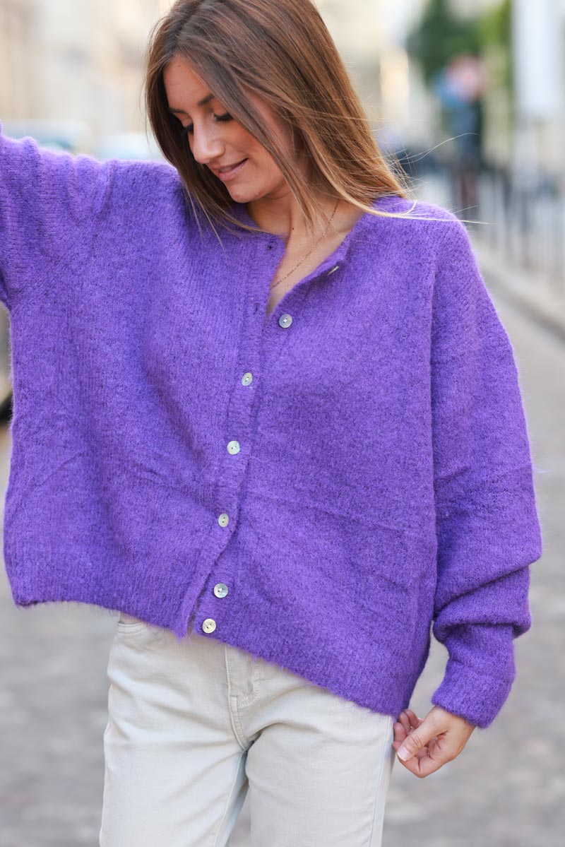 Super soft round neck cardigan purple with mother of pearl buttons