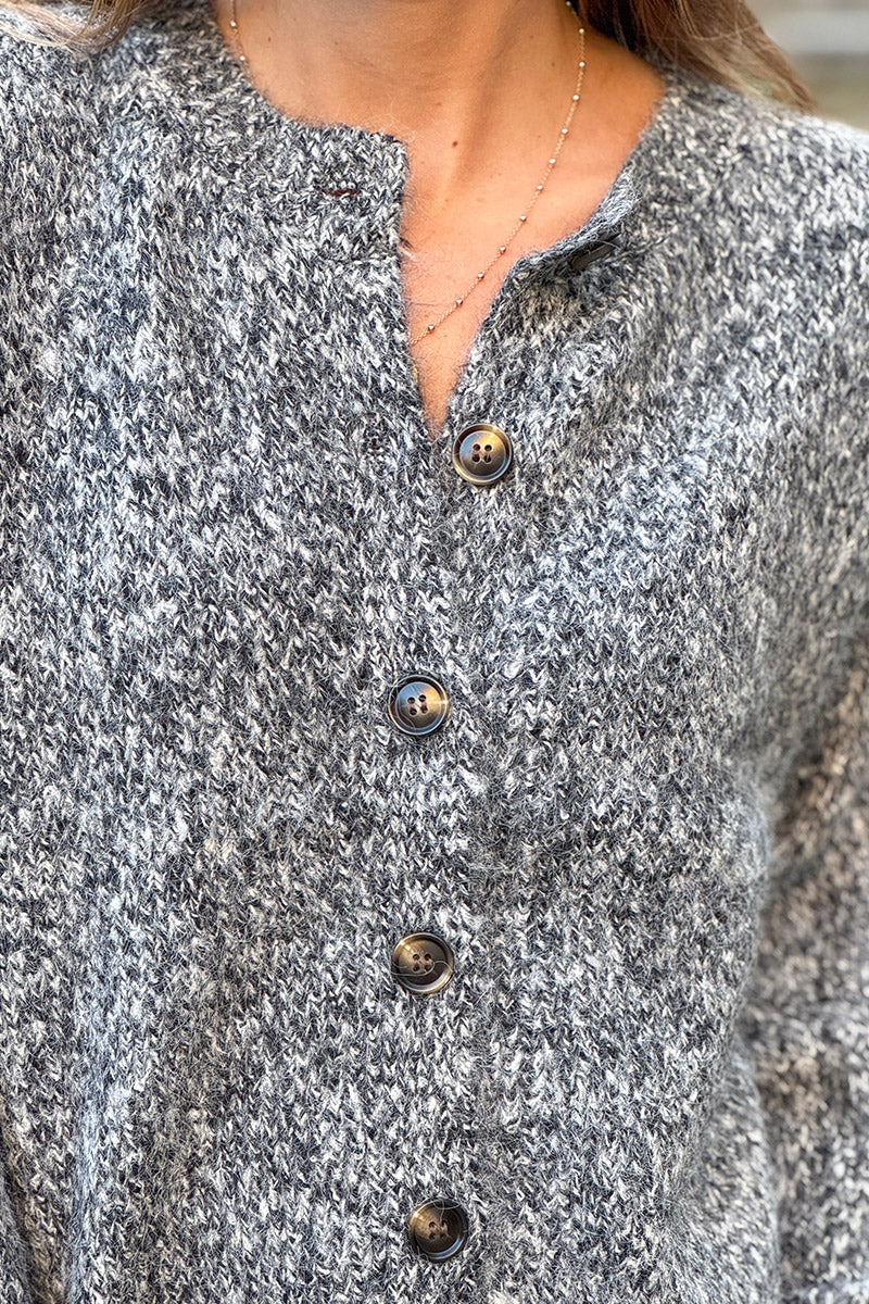 Charcoal Wool Blend Knit Button-Front Cardigan