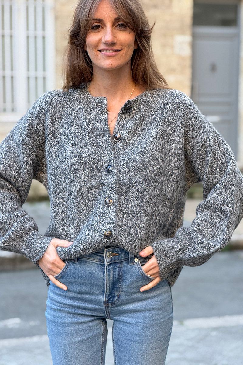 Charcoal Wool Blend Knit Button-Front Cardigan