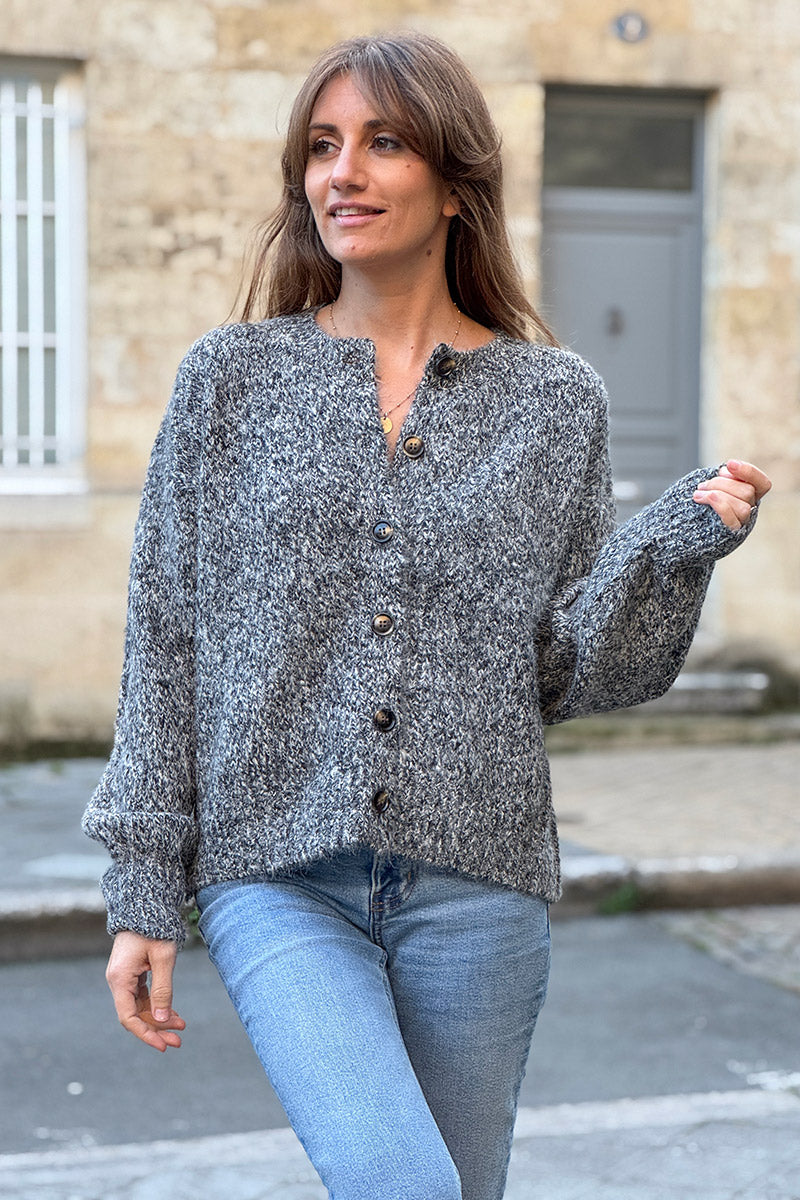 Charcoal Wool Blend Knit Button-Front Cardigan