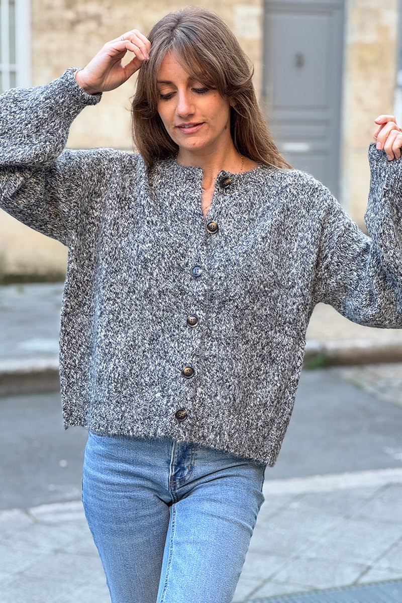 Charcoal Wool Blend Knit Button-Front Cardigan