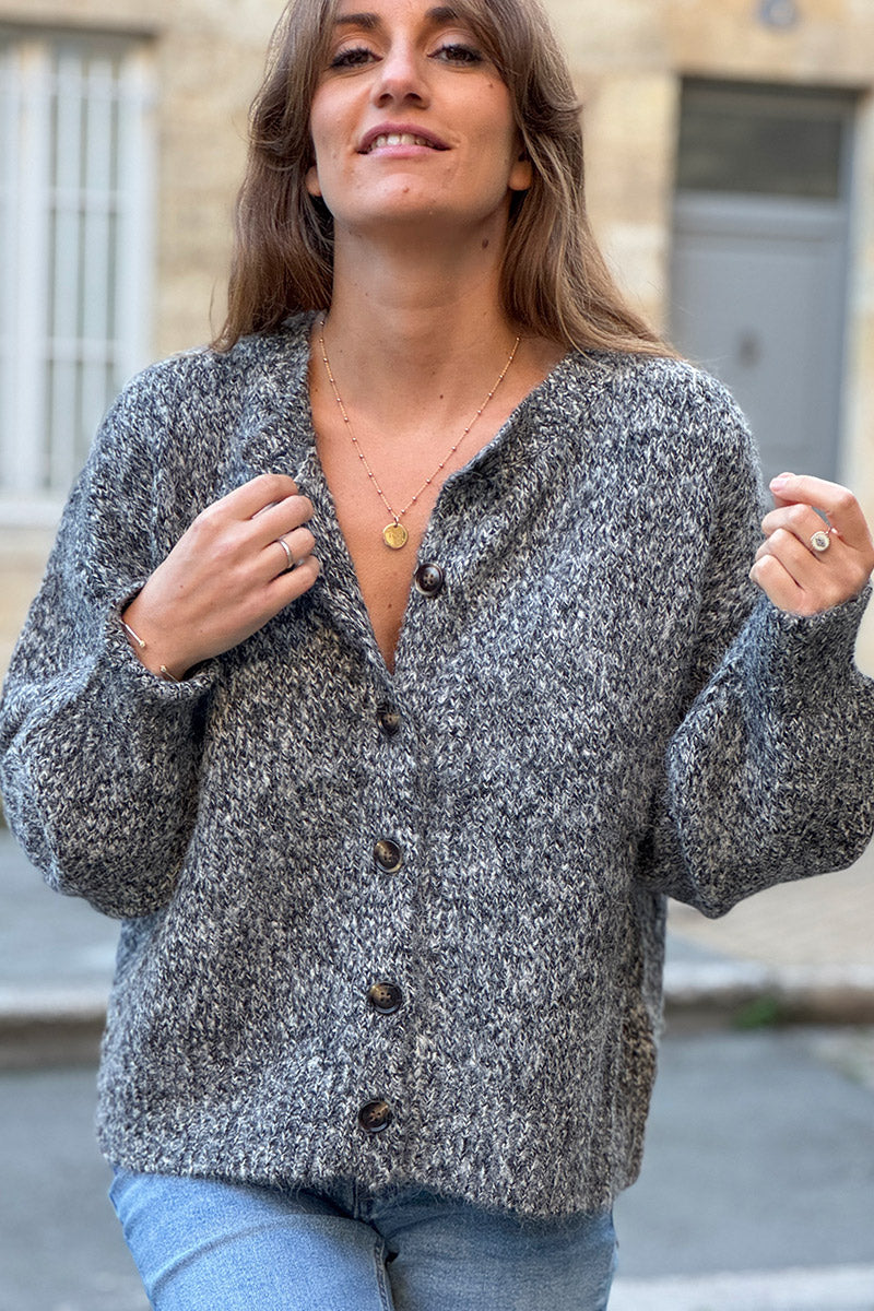 Charcoal Wool Blend Knit Button-Front Cardigan