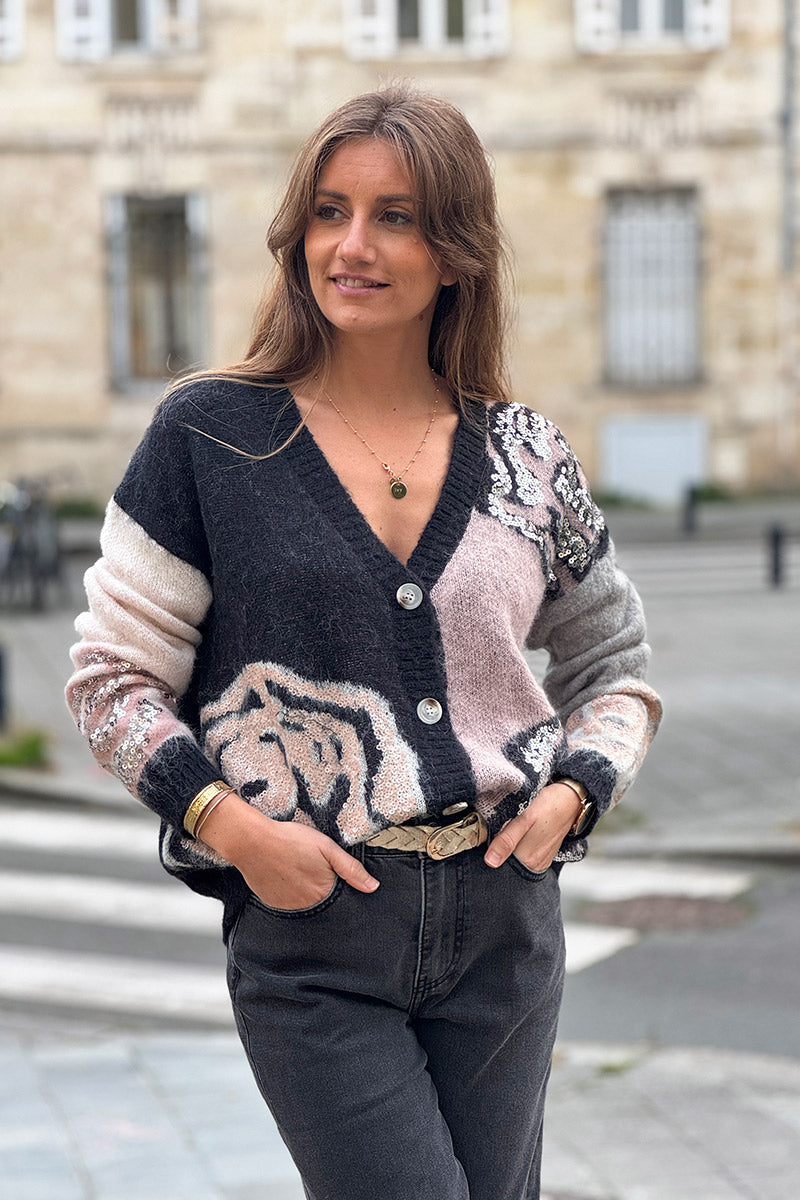 Pink Rosette Mohair Sequin Cardigan