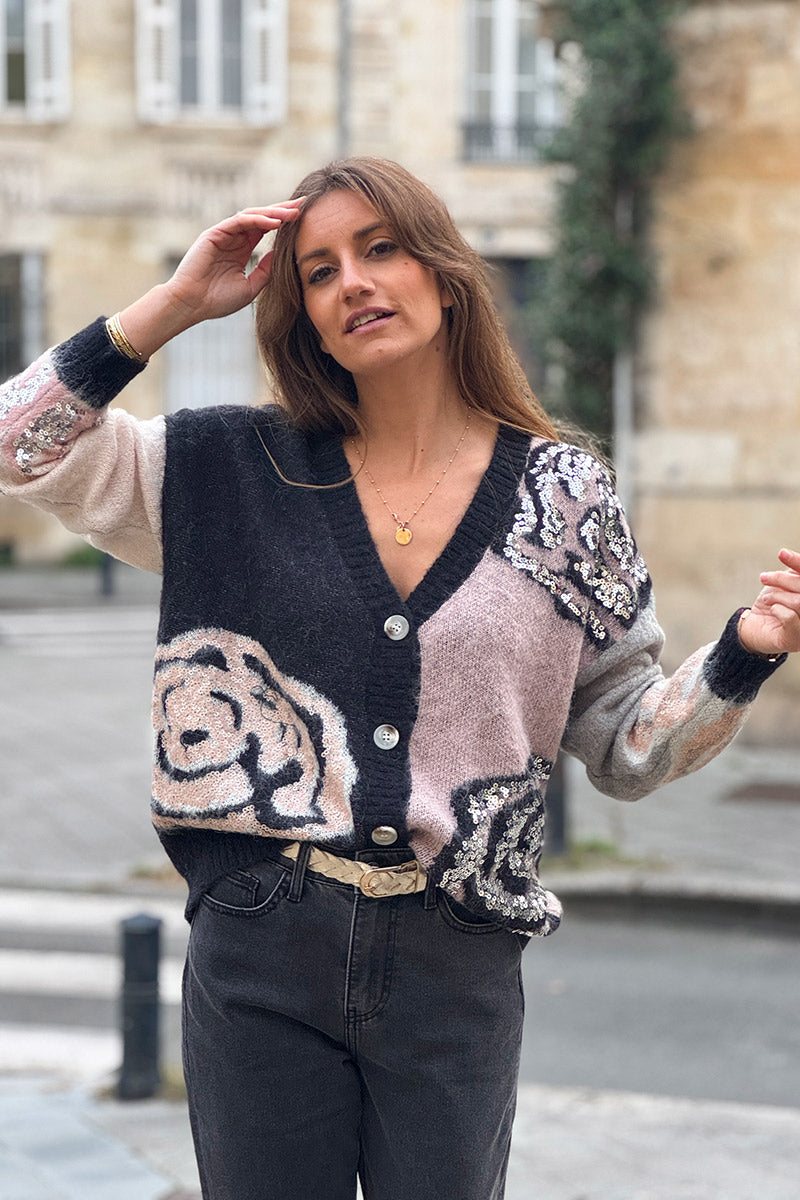 Pink Rosette Mohair Sequin Cardigan