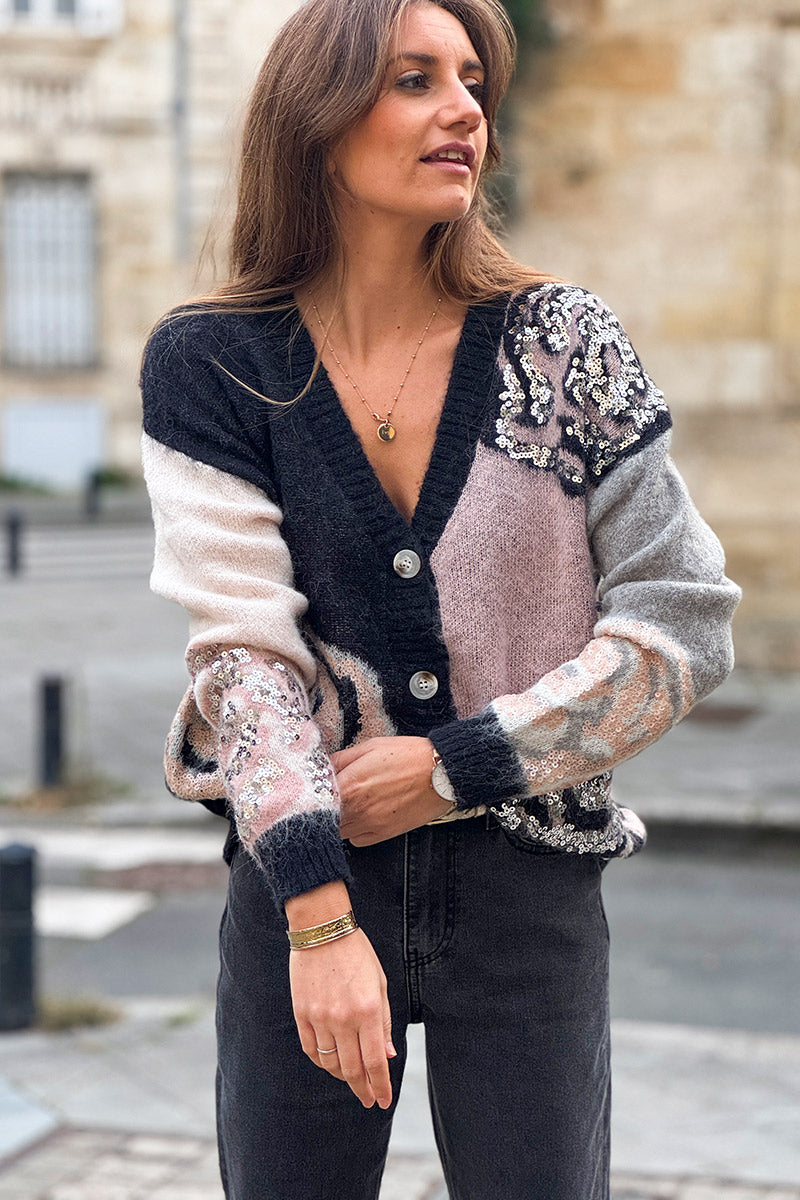 Pink Rosette Mohair Sequin Cardigan