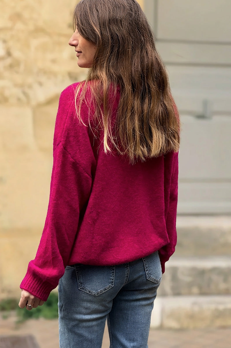 Gilet en alpaga extra fin tout doux fuchsia boutons nacrés
