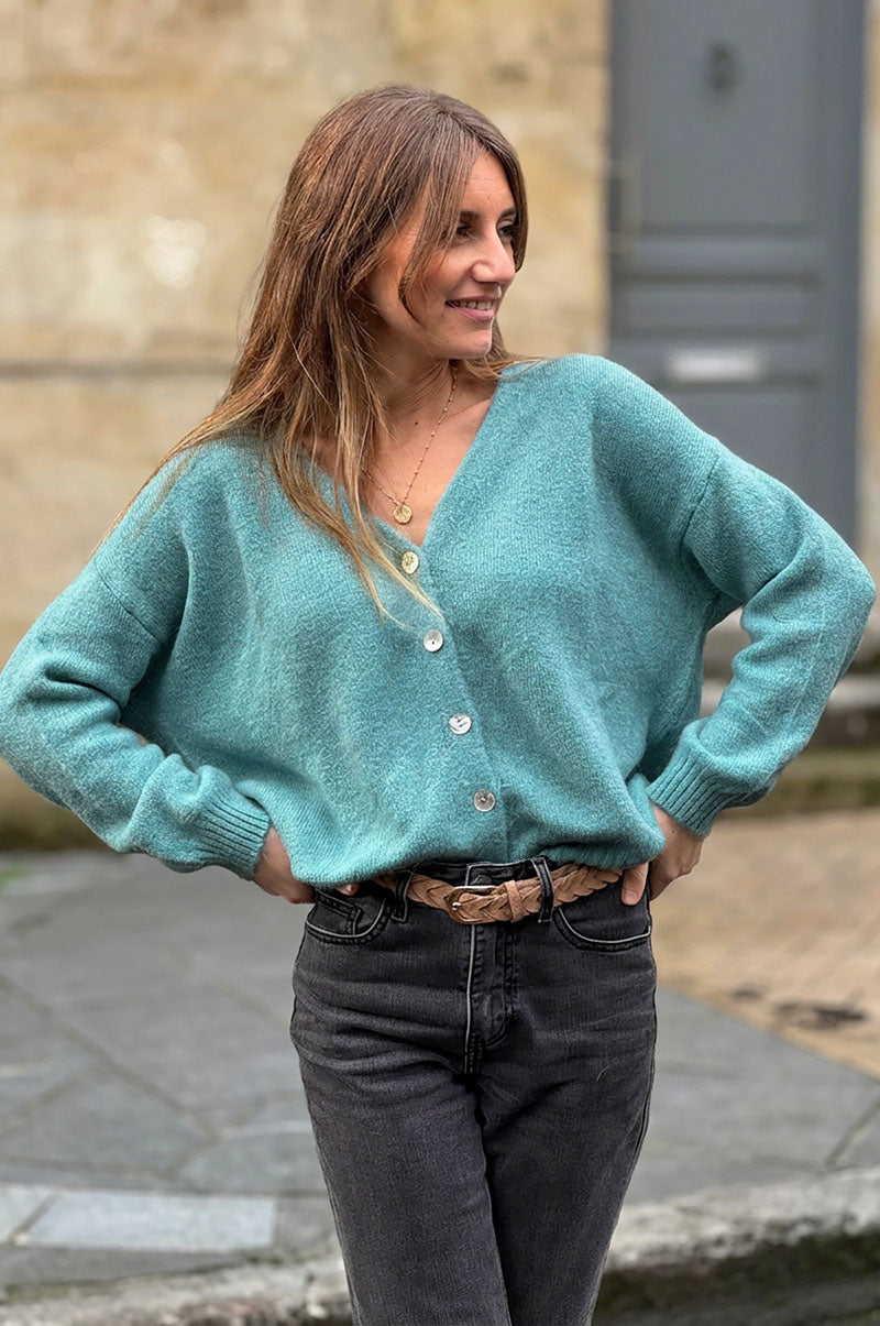 Teal Pink Alpaca Knit Cardigan