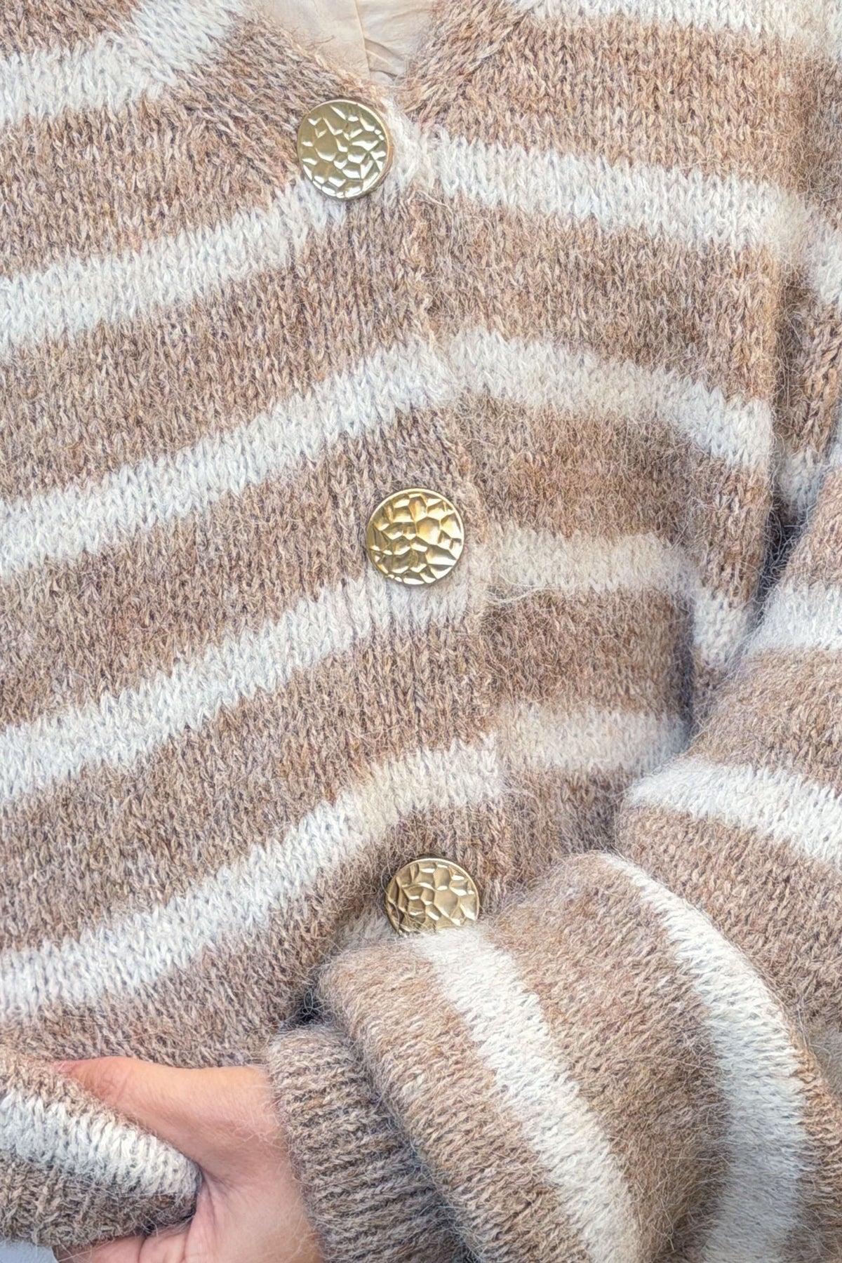 Taupe Stripe Wool Blend Knit Cardigan