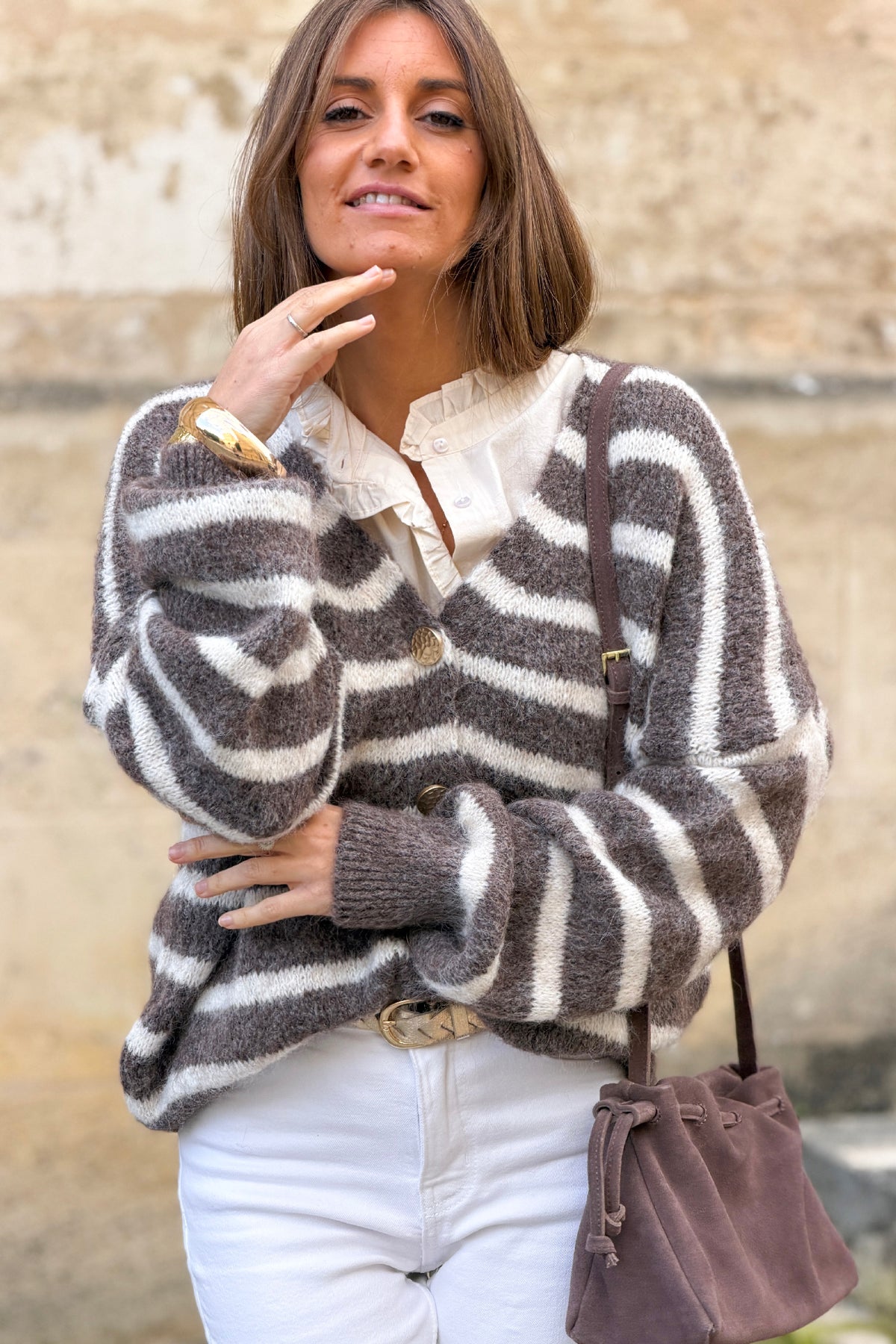 Mocha Brown Stripe Wool Blend Knit Cardigan