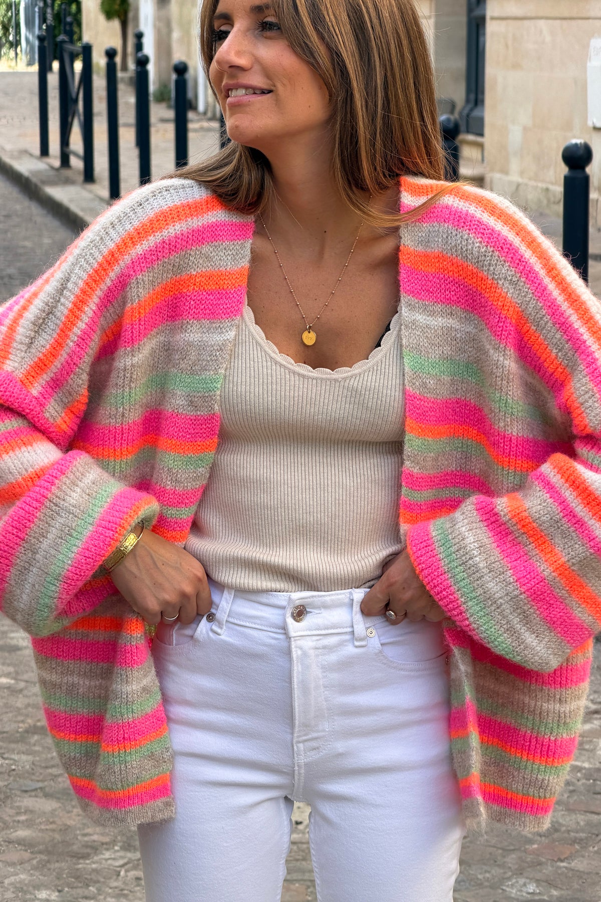 Orange Neon Stripe Knit Cardigan