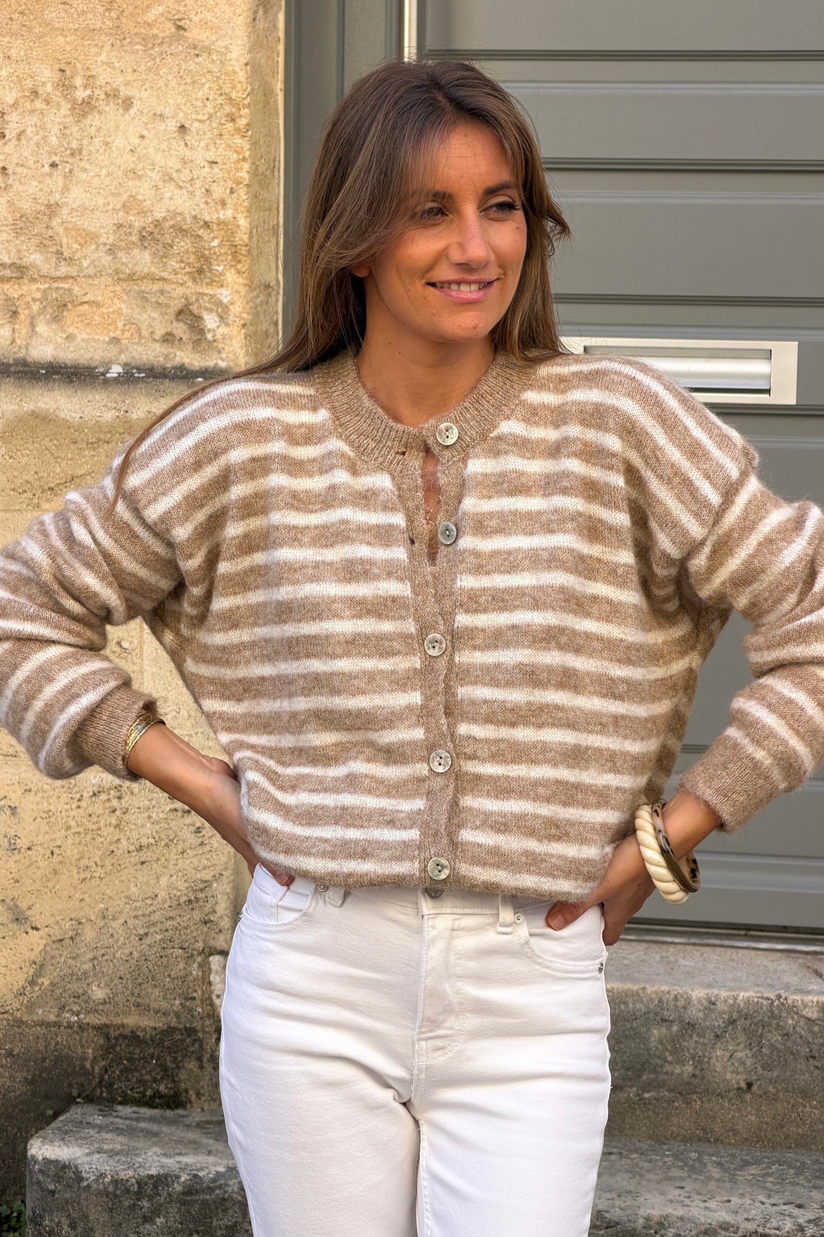 Camel Stripe Knit Cardigan

