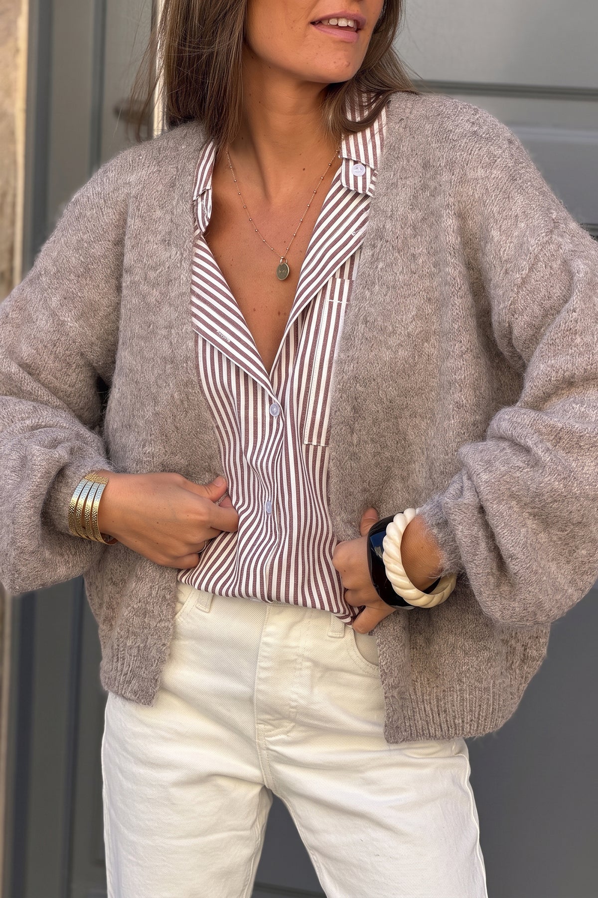 Taupe Fuzzy Knit Open Front Cardigan