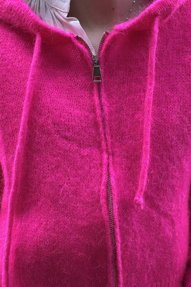 Hot Pink Mohair Knit Zip-Front Hoodie